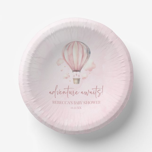 Adventure Awaits! Pink Hot Air Balloon Baby Shower Paper Plate (Front)