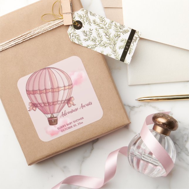 Adventure Awaits Pink Hot Air Balloon Baby Shower Square Sticker (Gifting)