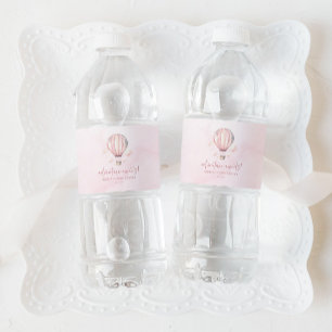 Adventure Awaits! Pink Hot Air Balloon Baby Shower Water Bottle Label