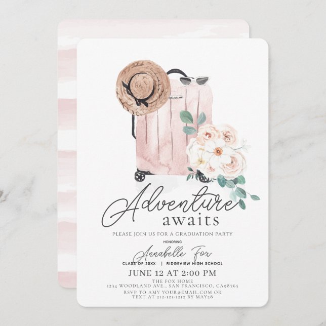 Adventure Awaits Pink Suitcase Graduation Invitation (Front/Back)