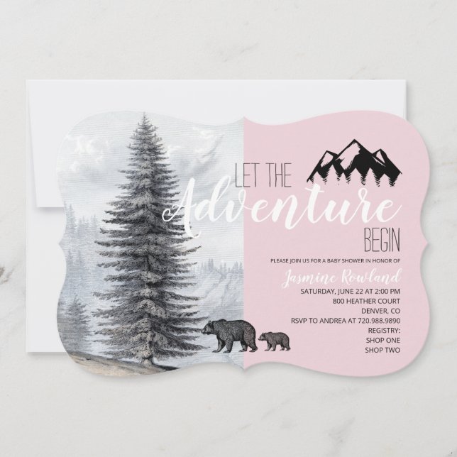 Adventure Awaits Pink Woodland Bears Baby Shower Invitation (Front)