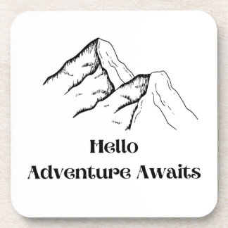 Adventure Awaits printed on a plastic Coaster