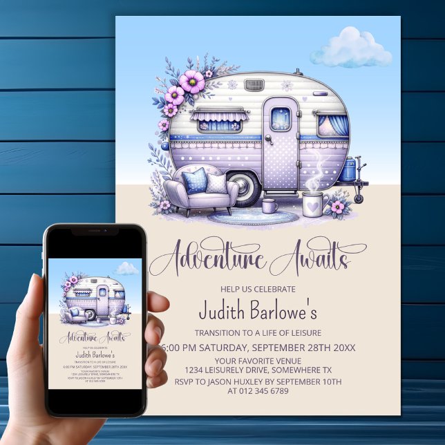 Adventure Awaits Purple Caravan Retirement Party Invitation (Creator Uploaded)