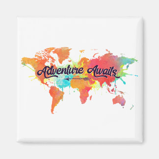 Adventure Awaits Quote Vivid Watercolor World Map Magnet