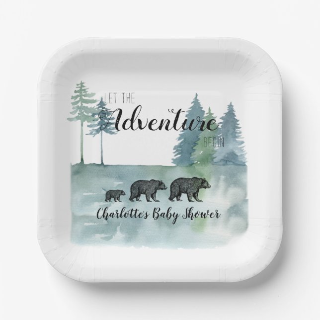 Adventure Awaits Rustic Bears Baby Shower Paper Plate (Front)