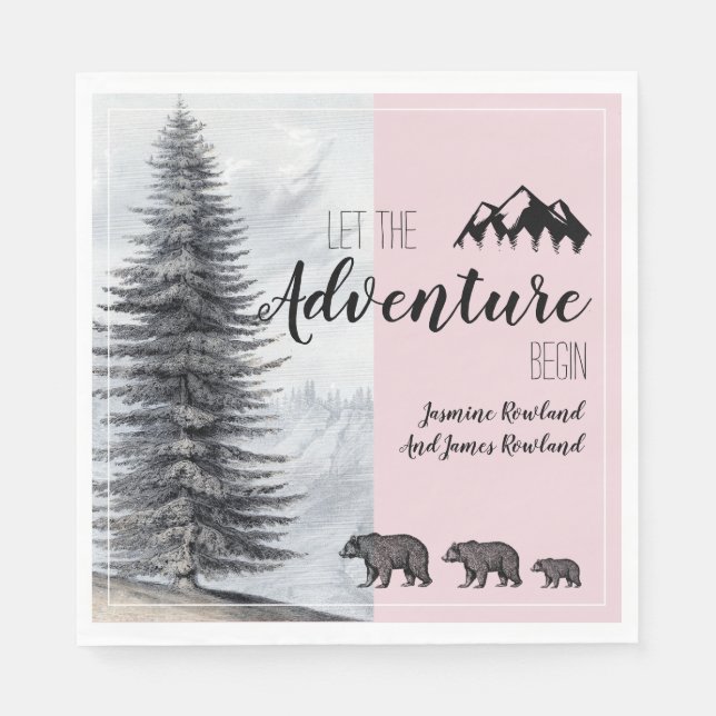 Adventure Awaits Rustic Bears Pink Baby Shower Napkin (Front)