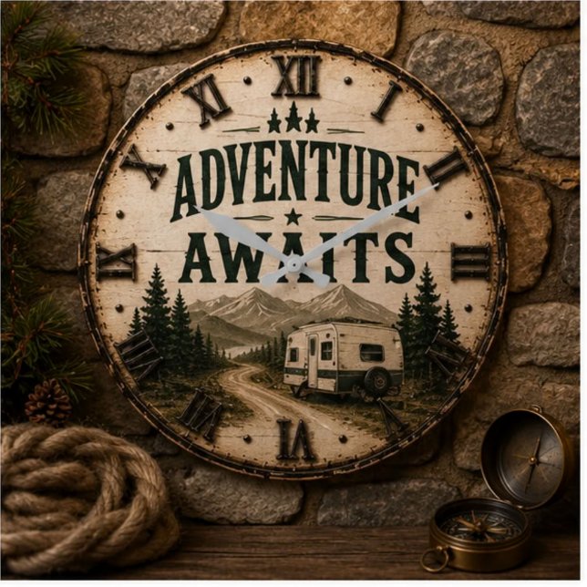 Adventure Awaits Rustic Camper Camping Mountain Large Clock (Creator Uploaded)