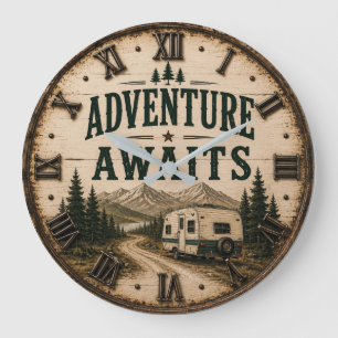 Adventure Awaits Rustic Camper Camping Mountain Large Clock