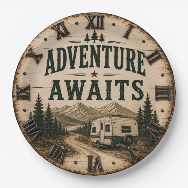 Adventure Awaits Rustic Camper Camping Mountain Paper Plate (Front)