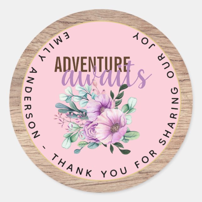 Adventure Awaits Rustic Purple Flowers Baby Shower Classic Round Sticker (Front)