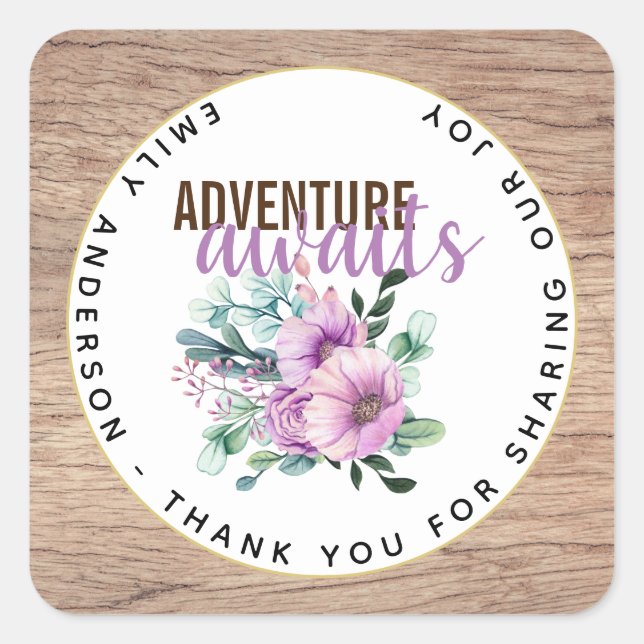 Adventure Awaits Rustic Purple Flowers Baby Shower Square Sticker (Front)