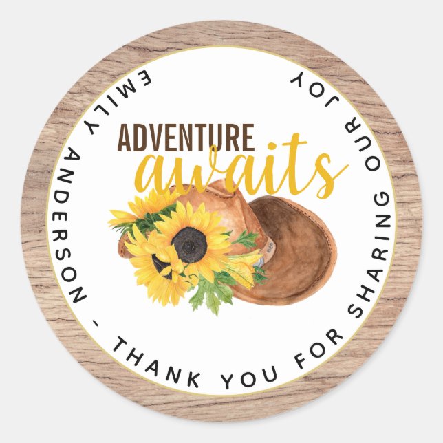 Adventure Awaits Rustic Sunflowers Baby Shower Classic Round Sticker (Front)