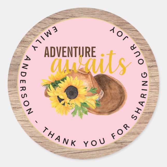 Adventure Awaits Rustic Sunflowers Baby Shower Classic Round Sticker (Front)