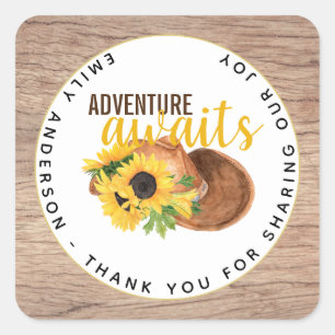Adventure Awaits Rustic Sunflowers Baby Shower Square Sticker