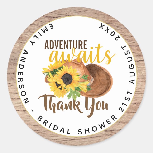 Adventure Awaits Rustic Sunflowers Bridal Shower Classic Round Sticker (Front)