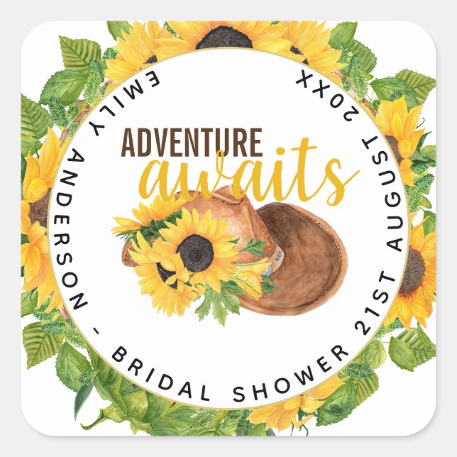 Adventure Awaits Rustic Sunflowers Bridal Shower Square Sticker (Front)