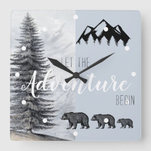 Adventure Awaits Rustic Woodland Bears Nursery Square Wall Clock