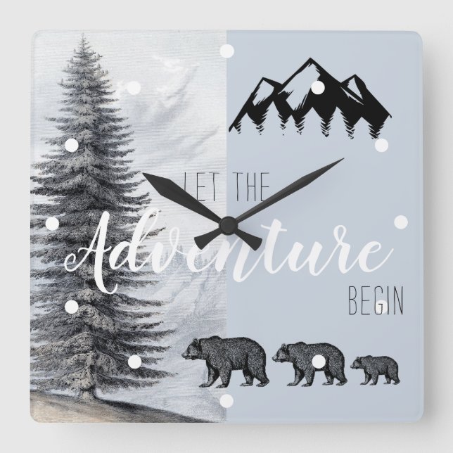 Adventure Awaits Rustic Woodland Bears Nursery Square Wall Clock (Front)