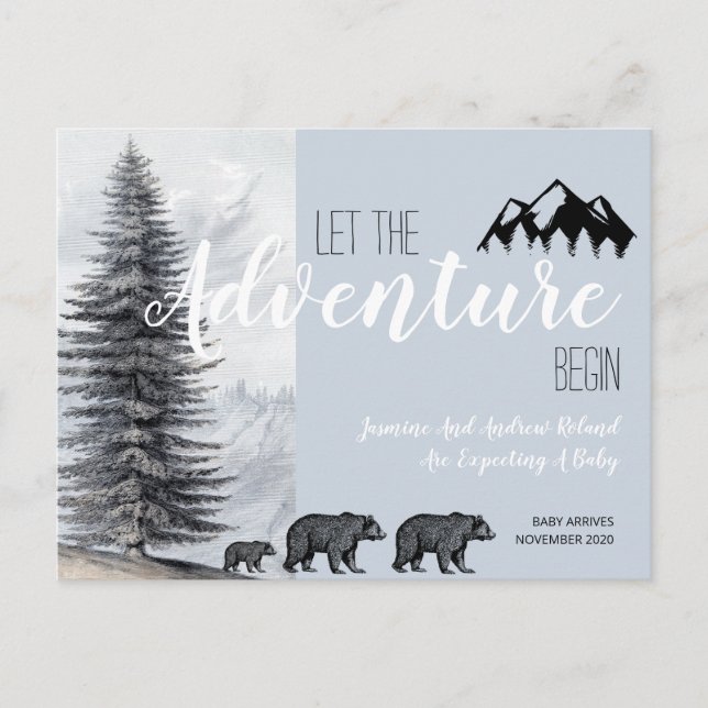 Adventure Awaits Rustic Woodland Bears Pregnancy Announcement Postcard (Front)