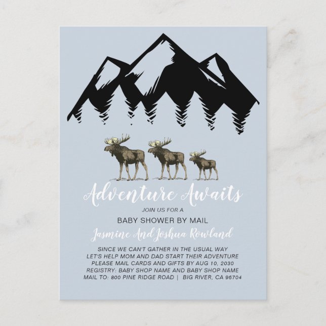 Adventure Awaits Rustic Woodland Moose Baby Shower Invitation Postcard (Front)