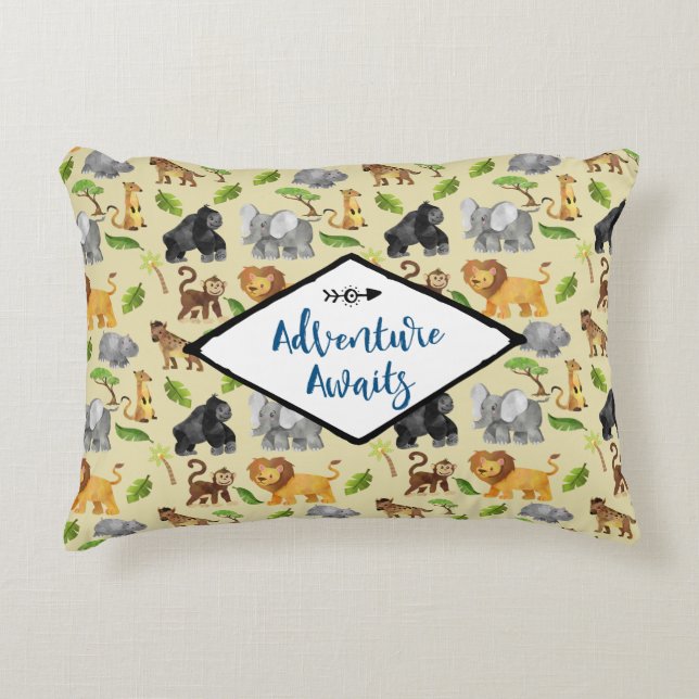 Adventure Awaits Safari Jungle Animals Pattern Decorative Cushion (Front)