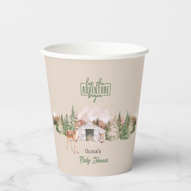 Adventure Awaits Sage Green Mountain Baby Shower Paper Cups (Front)
