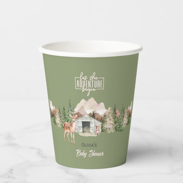 Adventure Awaits Sage Green Mountain Baby Shower Paper Cups (Front)