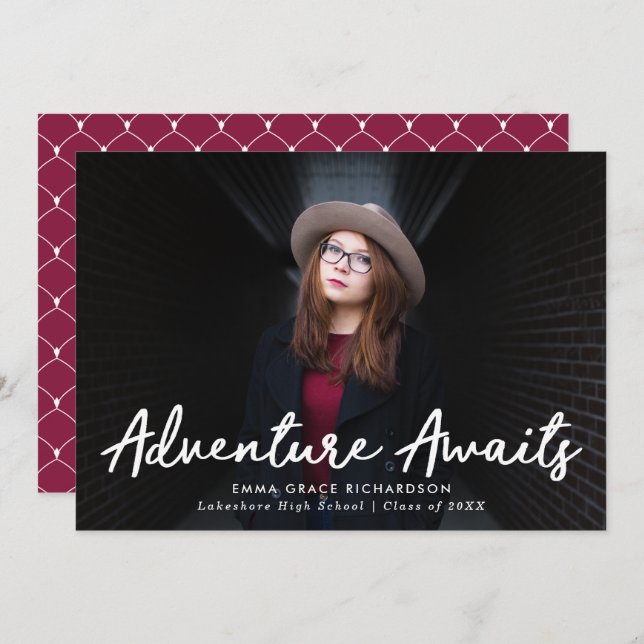 Adventure Awaits Script Burgundy Photo Graduation Announcement (Front/Back)