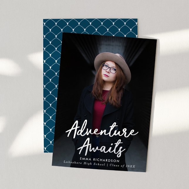 Adventure Awaits Script Dark Blue Photo Graduation Announcement (Creator Uploaded)