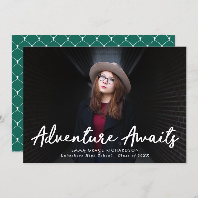 Adventure Awaits Script Green Photo Graduation Announcement (Front/Back)