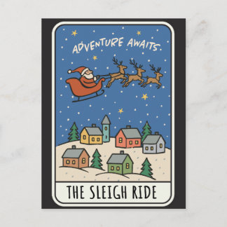 Adventure Awaits Sleigh Ride Santa Christmas Holiday Postcard