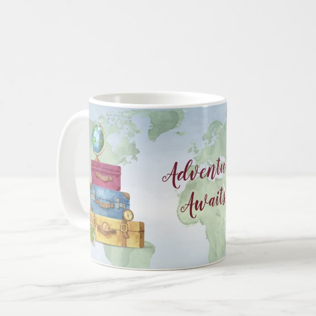 Adventure Awaits Stacked Suitcases World Travel Coffee Mug (Front Left)