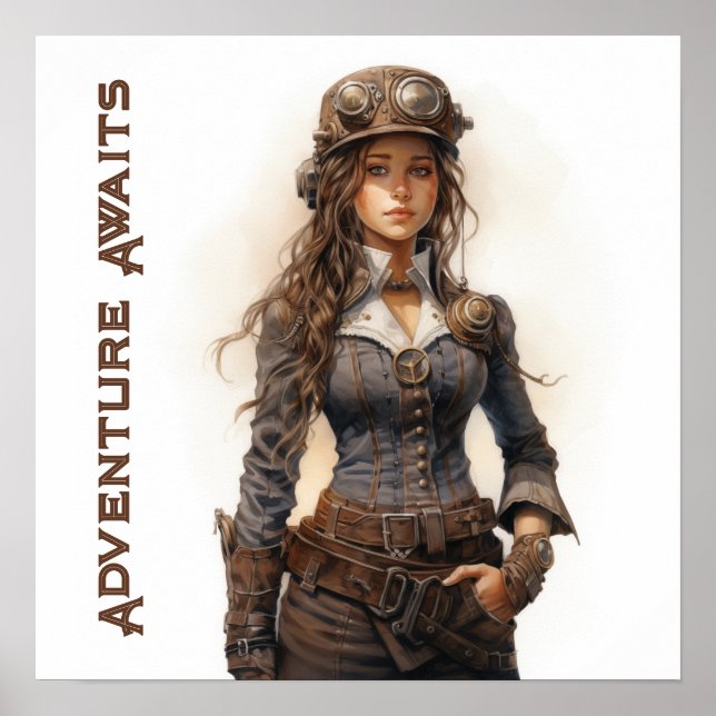 Adventure Awaits Steampunk Young Woman Poster (Front)