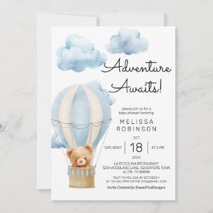 Adventure awaits teddy bear baby boy shower invitation