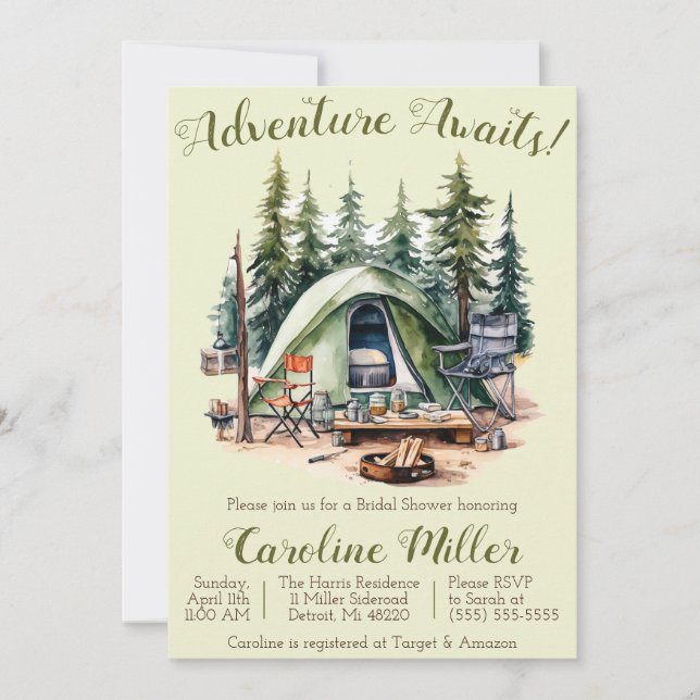 Adventure Awaits! Tent, Camping, Bridal Shower Invitation (Front)