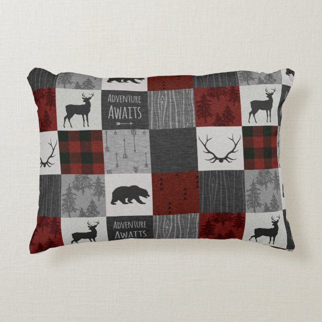 Adventure Awaits Throw Pillow - Red/Grey (Front)