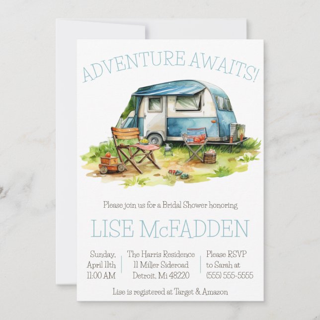 Adventure Awaits! Trailer, Camping, Bridal Shower Invitation (Front)