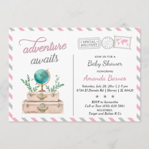 Adventure Awaits Travel Baby Girl Shower Pink Grey Invitation