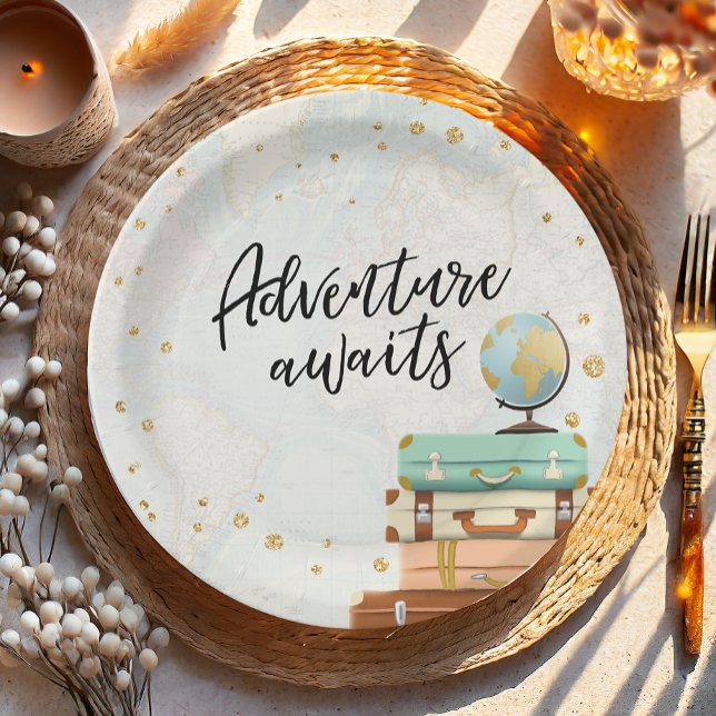 Adventure Awaits Travel Gold Confetti Baby Shower Paper Plate (Creator Uploaded)