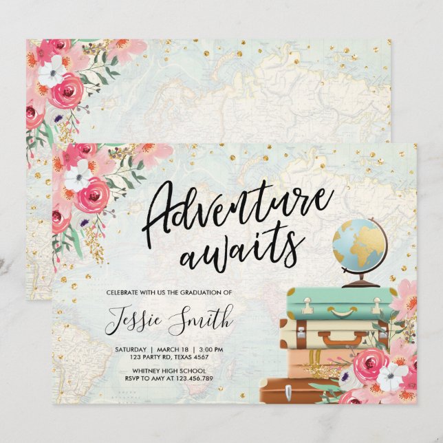 Adventure Awaits Travel Graduation Party School Invitation (Front/Back)