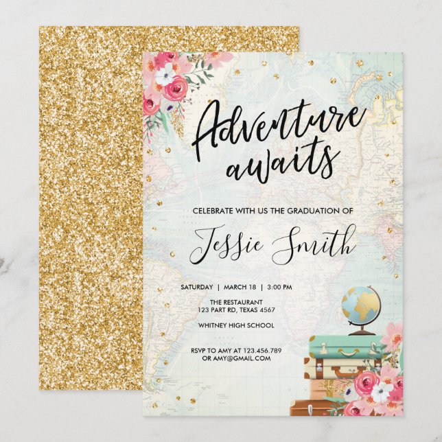 Adventure Awaits Travel Graduation School Party Invitation (Front/Back)