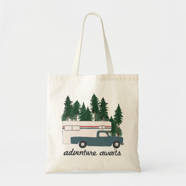Adventure Awaits! Truck Camper vanlife RVing Tote Bag (Front)