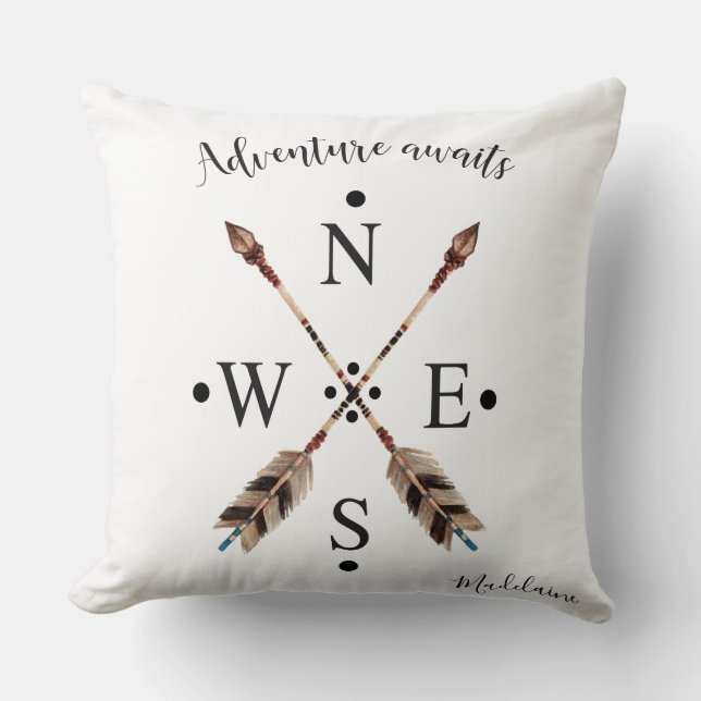 Adventure awaits Typography Tribal Arrows Compass Cushion (Front)