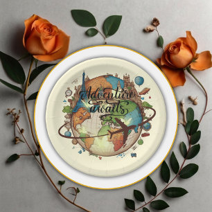 Adventure Awaits Vintage Globe Baby Shower Paper Plate