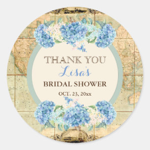 Adventure Awaits Vintage World Map Blue Hydrangeas Classic Round Sticker