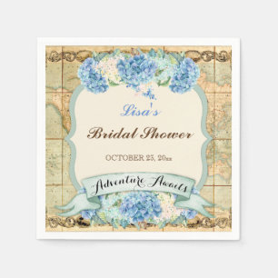 Adventure Awaits Vintage World Map Blue Hydrangeas Napkin