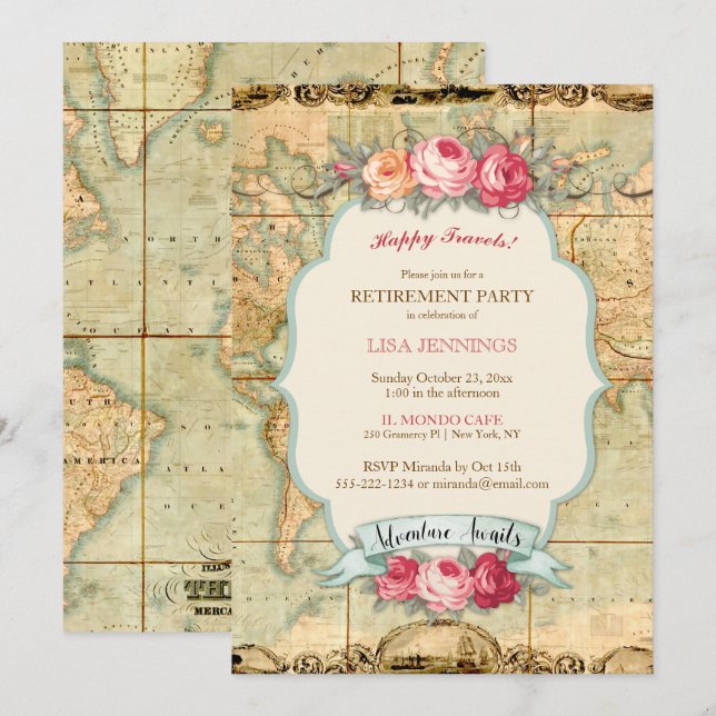 Adventure Awaits Vintage World Map Roses Invitation (Front/Back)