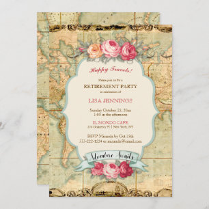 Adventure Awaits Vintage World Map Roses Invitation