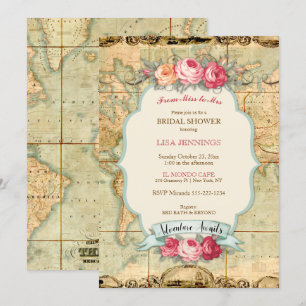 Adventure Awaits Vintage World Map Roses Invitation