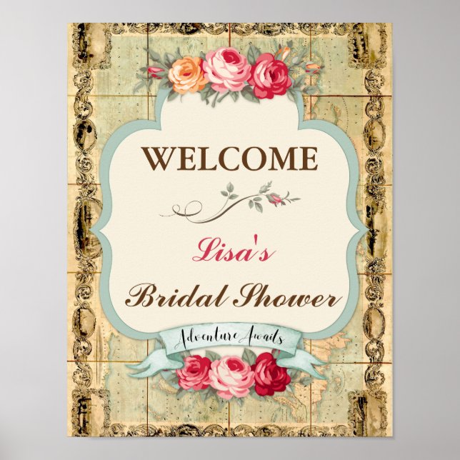 Adventure Awaits Vintage World Map Roses Poster (Front)